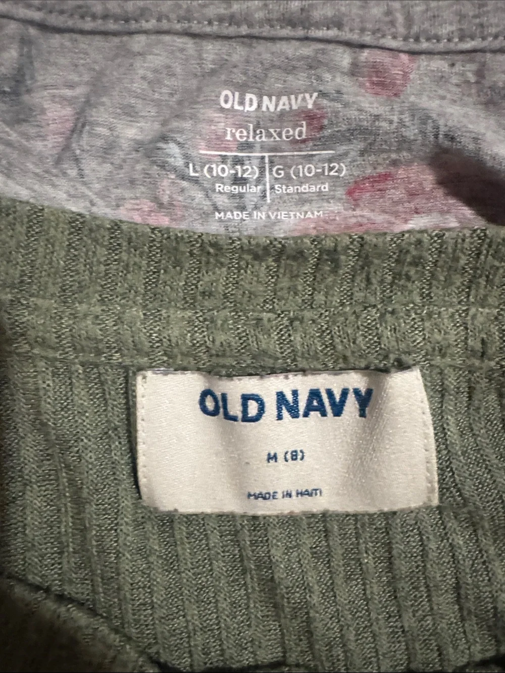 Old Navy Olive Green Ribbed Long-Sleeve Tee & Gray Floral Top